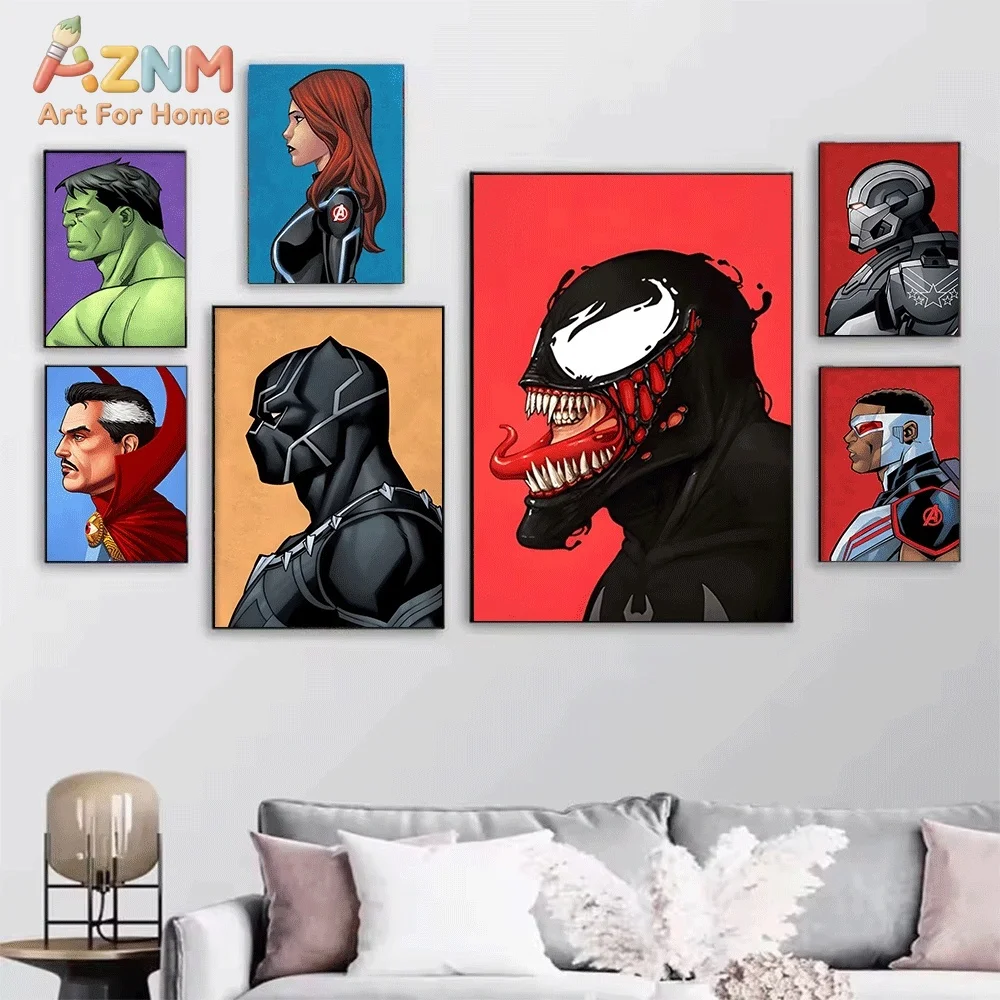 Superhero Pop Art Canvas Wall Art Deadpool Captain America Iron Man Venom Profile Portrait Print Poster, Frameless Wall Pictur