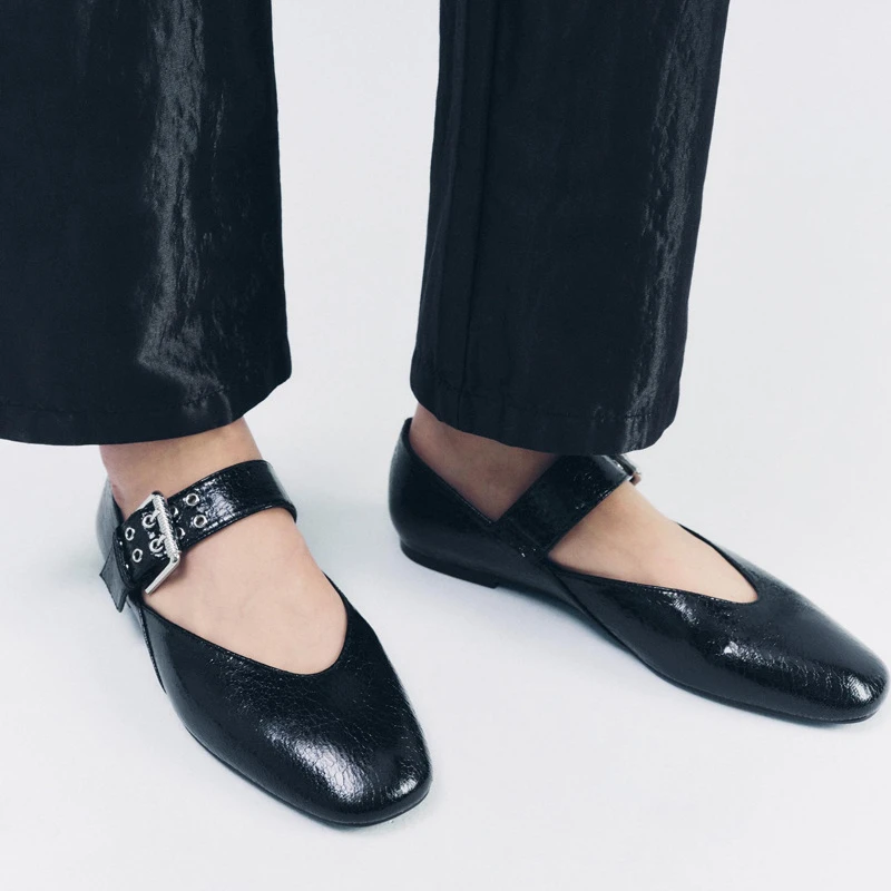 High Quality Black Women\'s Ballet Flats Buckle Belt Decoration Summer Footwear Square Toe Brand Mary Jane Female Barefoot Shoes