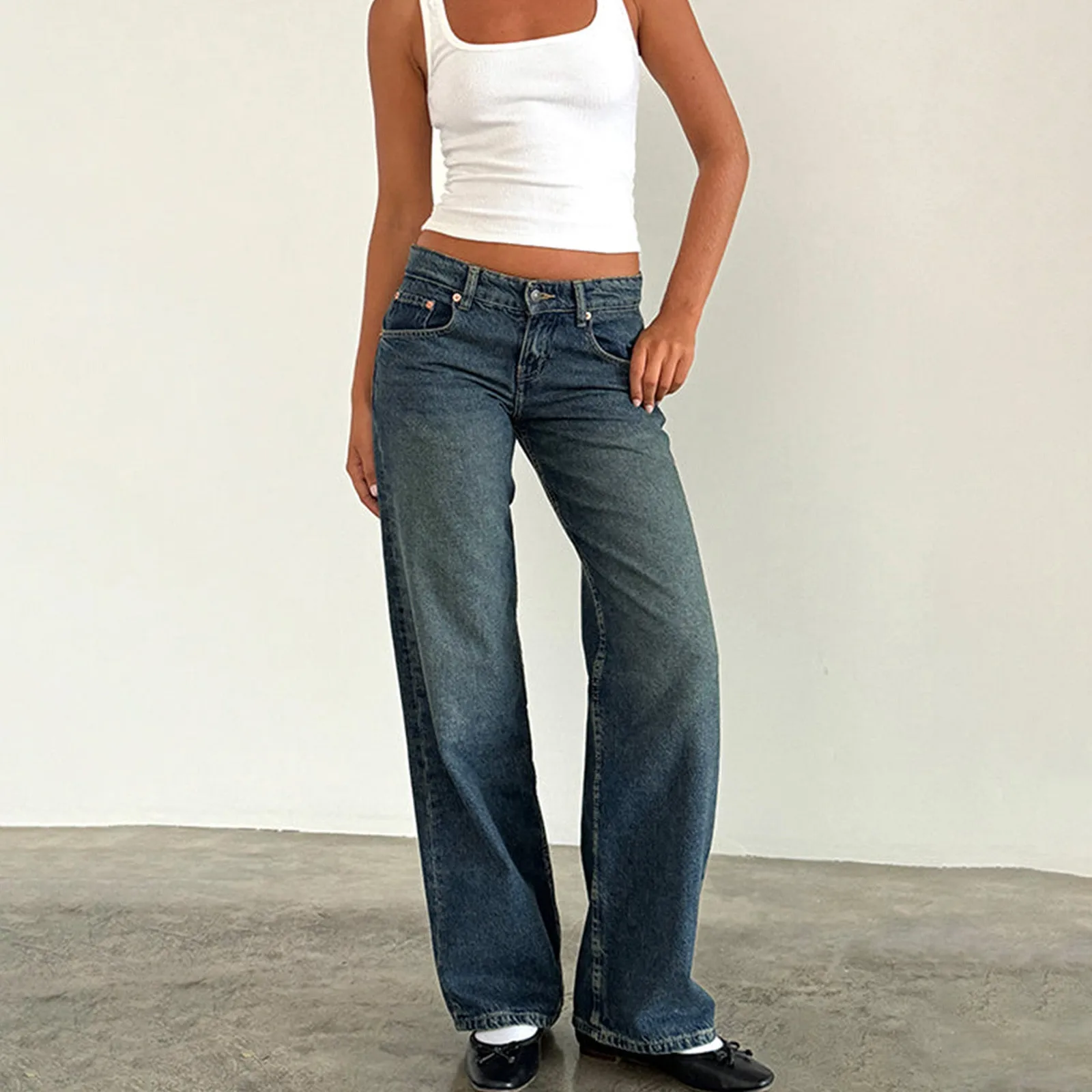 Women Aesthetic Y2k Low Waist Baggy Jeans American Retro Boyfriend Straight Wide Leg Jeans Trendy Stretch Long Denim Pants