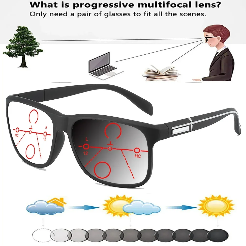 Rectangular Outdoor Trend Square Oversized Frame Photochromic Progressive Multifocal Reading Glasses +0.75 To +4