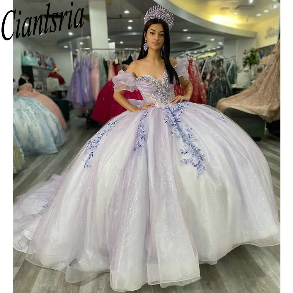 

Lilac Beading Crystal Quinceanera Dresses Ball Gown Sequined Appliques Lace Sweet 15 Años Mexican Customized