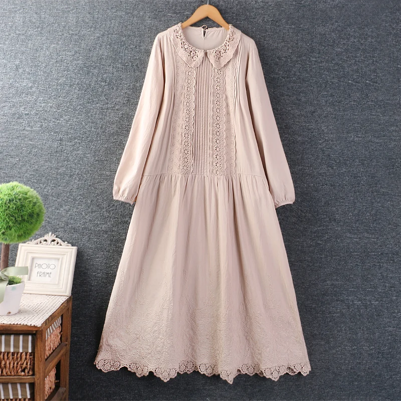 2024 Autumn New Women\'s Japanese Mori Girl Lace Hollow Out Dress Peter Pan Collar Long Sleeve Casual Loose Cotton Midi Dresses