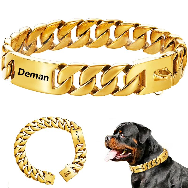 

Big Dog Chain Collar Free engraving Personalized 32mm wide Stainless Steel Metal Cuban link Chew Proof Pet Collars For large dog