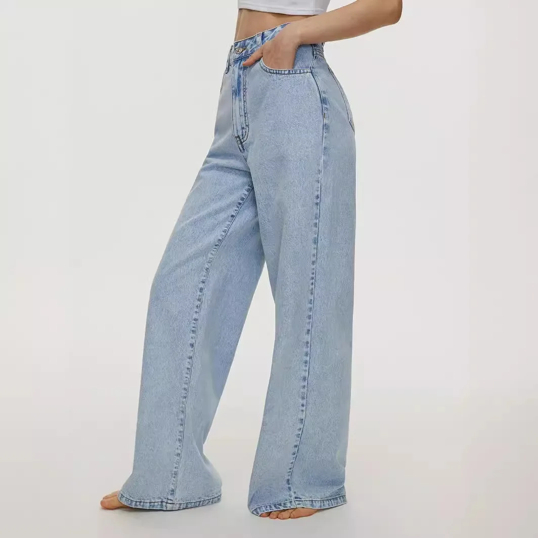 Women Jeans Vintage Washed Straight Pants Denim Loose Fit Ankle Length Pants Pockets High Waist Zipper Fly Casual Basics