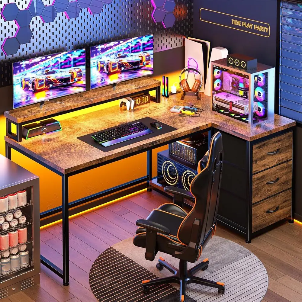 48-l-förmiger Gaming-Schreibtisch mit Monitorständer, Schubladen und LED-Leuchten, rustikales Braun für Heimbüro und Arbeitszimmer