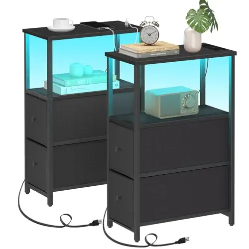 TUTOTAK Small Narrow LED End Table with Charging Station, Side Table Outlets, Nightstand with 2 Cloth Drawers, Set of 2, Couch