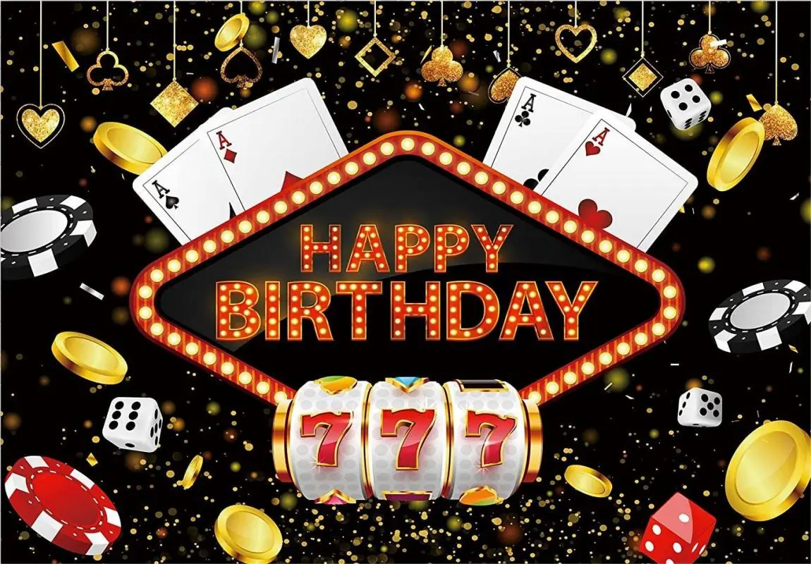 Casino Las Vegas Night Happy Birthday Backdrop Gold Coin Poker Dice Photography Background Man Birthday Table Decoration Banner