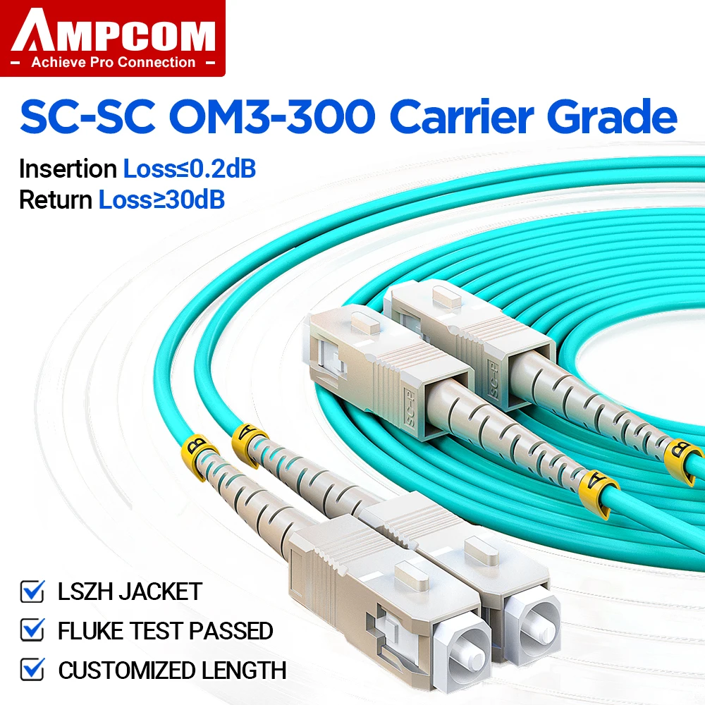 AMPCOM SC to SC UPC OM3 Fiber Optic Patch Cable Multi Mode Duplex, 50/125μm, OD 2.0mm/3.0mm, LSZH OFNR, 1-100 Meters