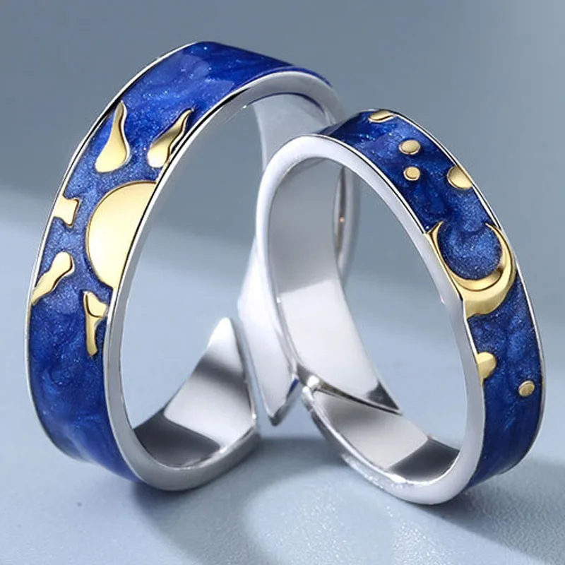 1/2Pcs Couple Design Van Gogh Starry Sky Night Open Rings for Women Men Lovers Elegant Blue Stars Moon Adjustable Ring Jewelry