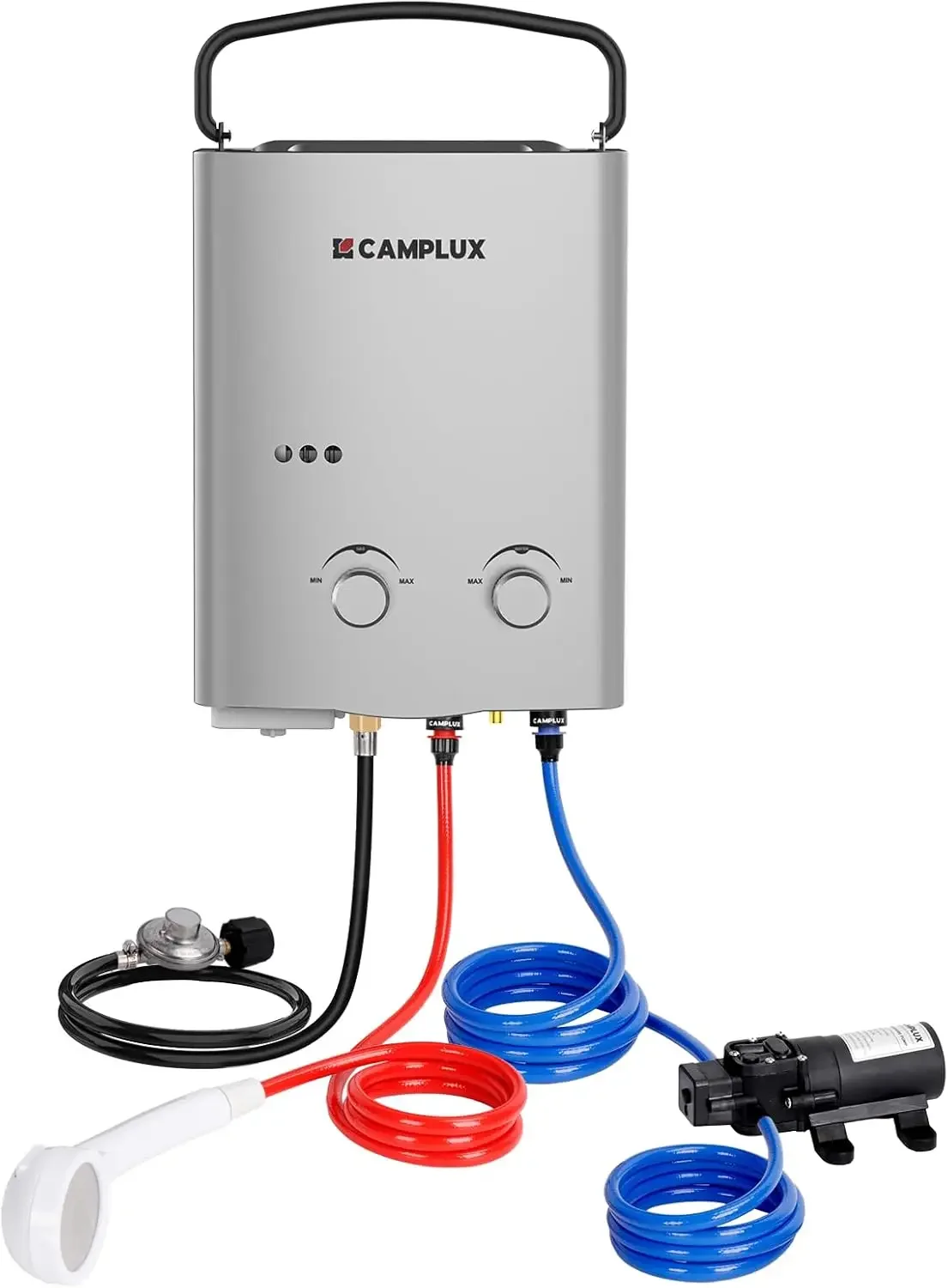 GENIET VAN OUTDOOR LIFE 1,32 GPM draagbare propaan tankloze boiler voor buiten met 1,2 GPM waterpompsets, grijs