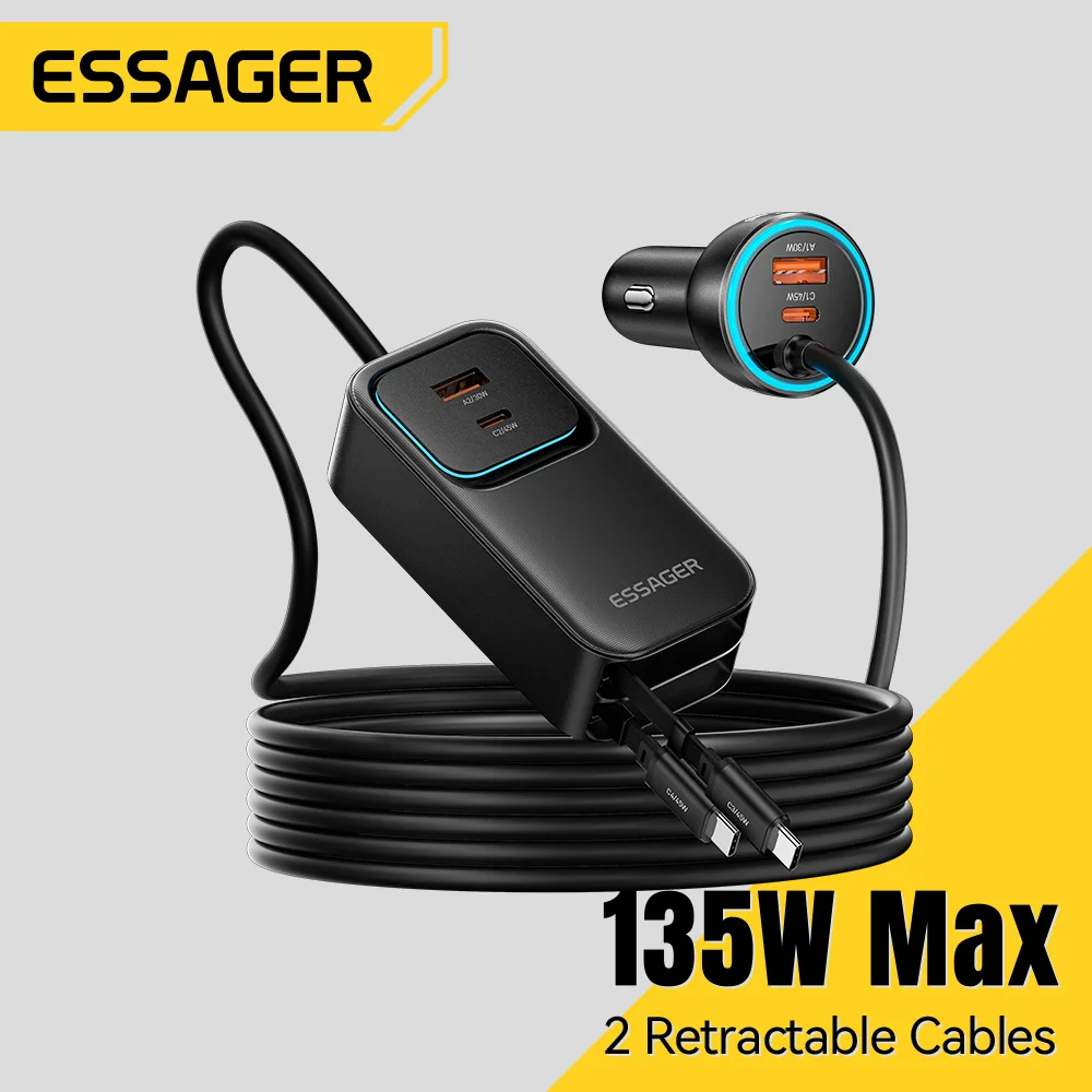 Cargador de Coche Essager de 135W con Cable Retráctil Doble y Enchufe Trasero Tipo-C PD QC de Carga Rápida para iPhone 17, Samsung, Huawei y Laptops
