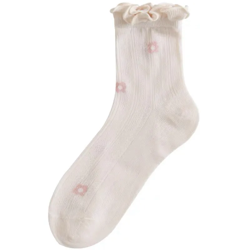 5 pairs of ultra-thin breathable mid-calf socks with spring and summer fruit patterns, versatile mesh socks