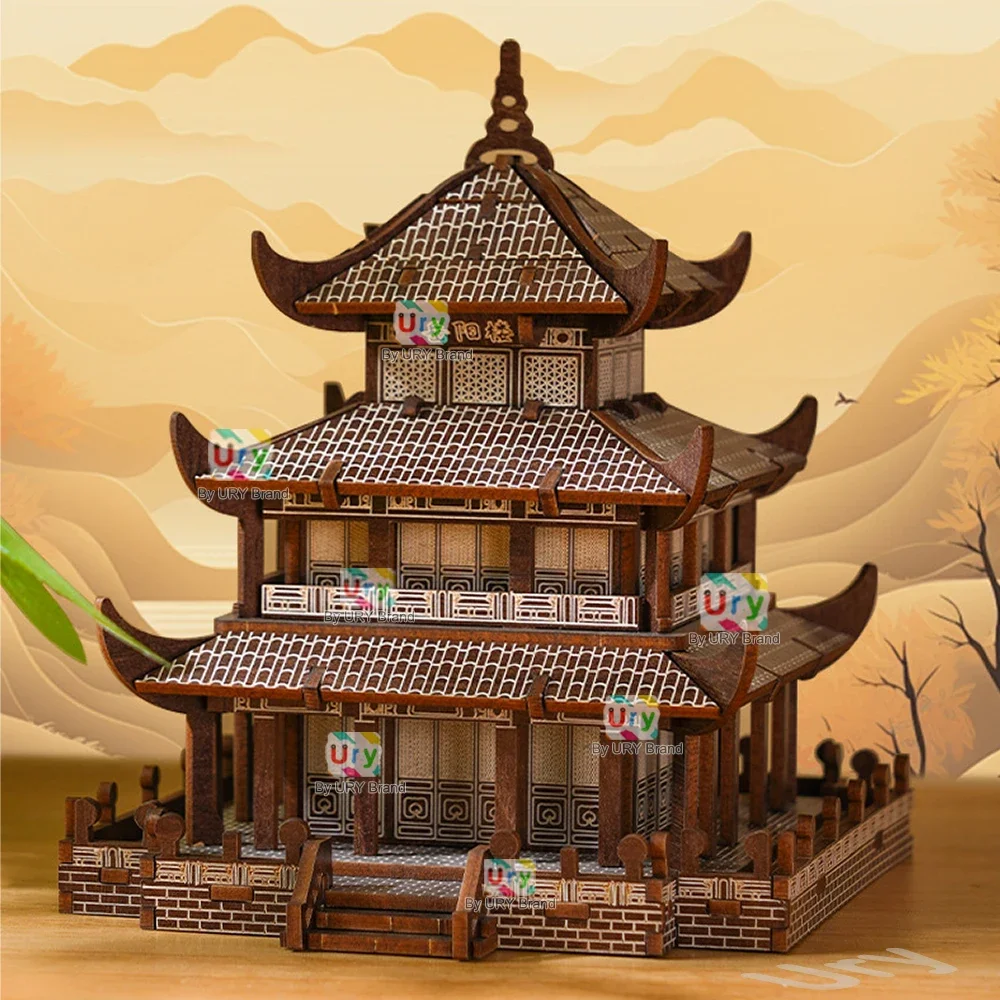3D Wooden Puzzle Chinese Yueyang Tower Ancient Pagoda Traditional Building DIY Model Assembly Desktop Toy Gift for Adult