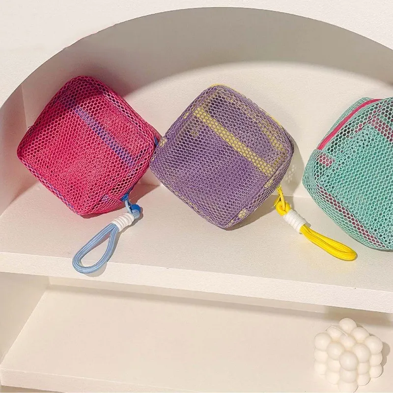 Portable Mesh Cosmetic Bag Dopamine Color Storage Makeup Case Women Mesh Toiletry Storage Mini Pouch Organizer