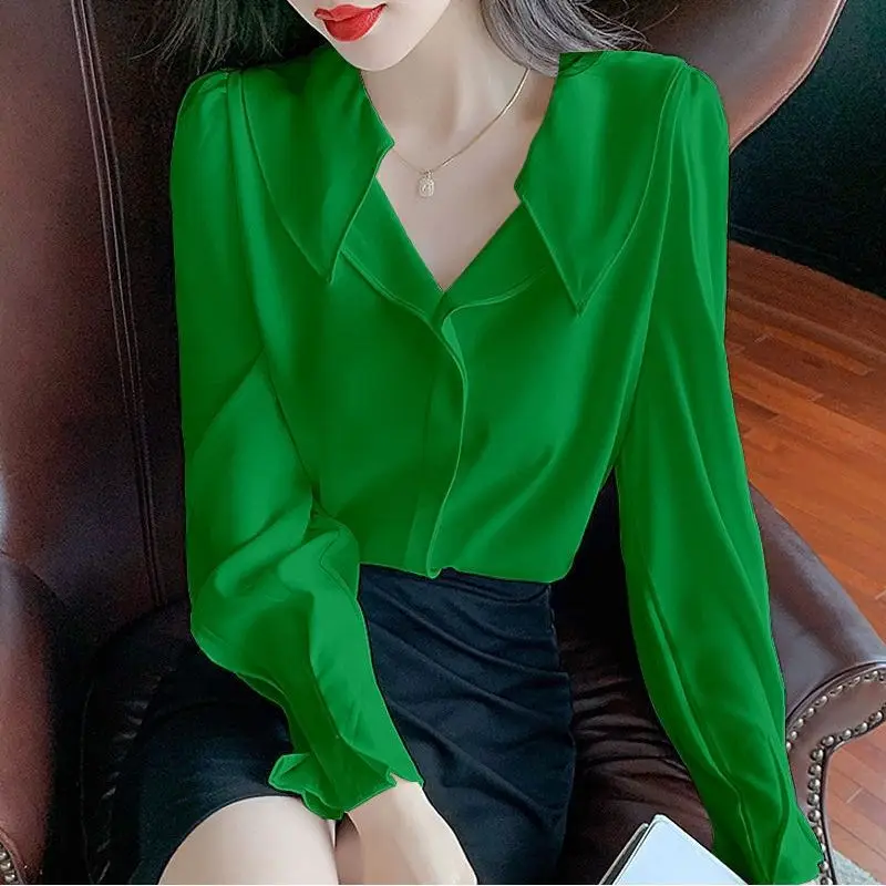 Elegante chiffon sólido solto blusa primavera outono nova manga longa com decote em v simplicidade camisa topos temperamento moda roupas femininas