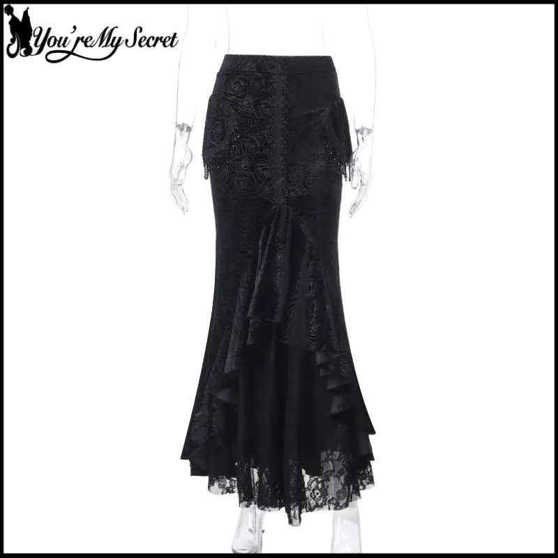 الخريف المرأة ذيل السمكة تنورة جديدة غير النظامية هيكل السمكة تنورة خمر ثقافة فرعية أسلوب فاسق موضة القوطية فستان ذيل السمكة الأسود #4