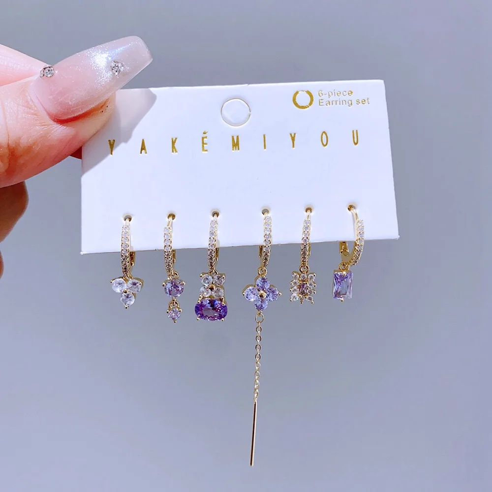 6pcs/Set Luxury Purple Cubic Zirconia Flower Huggie Hoop Earrings Gold Color Plated Women Party Jewelry