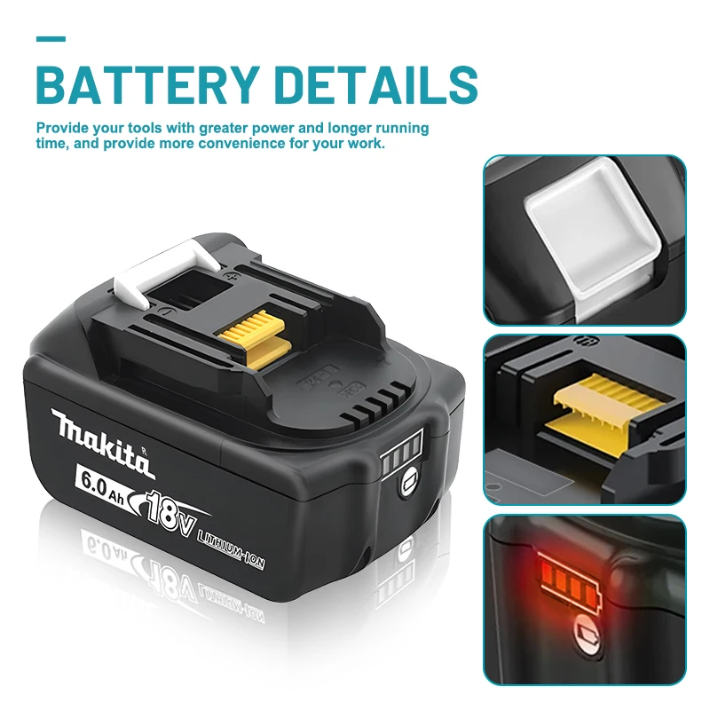 100% original Makita 18V battery, 6.0Ah, rechargeable battery, suitable for Makita BL1840, BL1830B, BL1850B, BL1850 tool battery