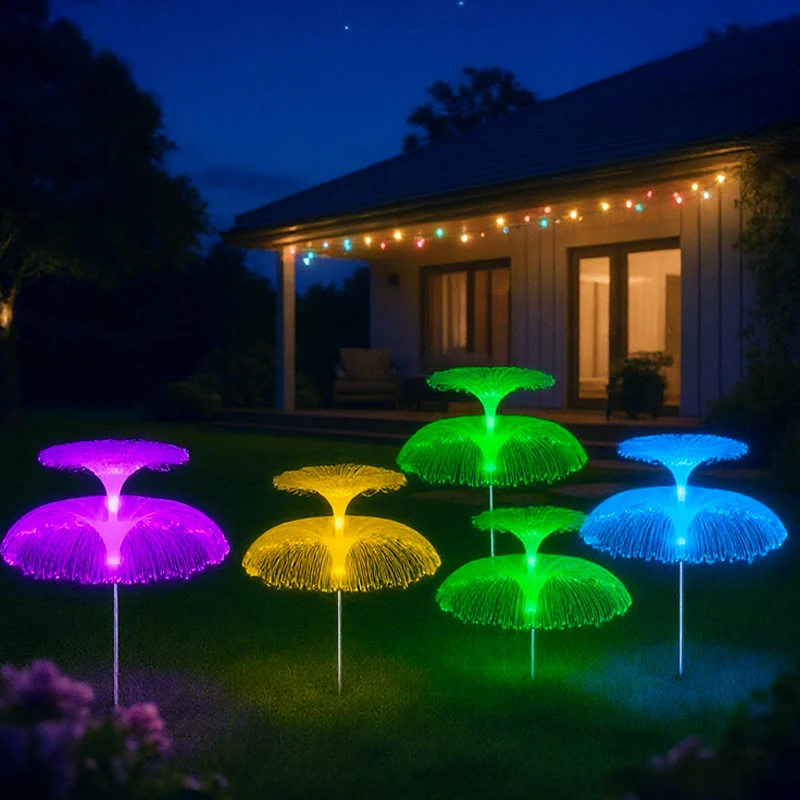 Solar Jellyfish Lamp Outdoor Waterproof Decorative LED Garden Fiber Optic Flower Lights for Patio Pathway Balcony