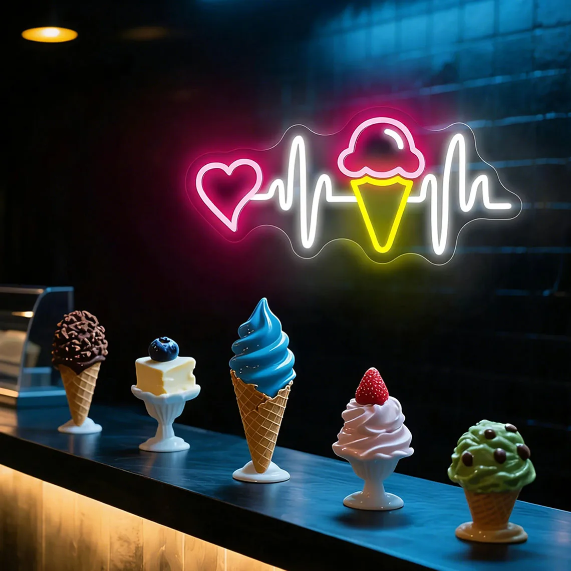 Ice Cream Neon Sign,Ice Cream Heartbeat Neon Sign for Dessert Shop Wall Decor,Ice Cream Cone Sign,Love and Ice Cream LED Sign