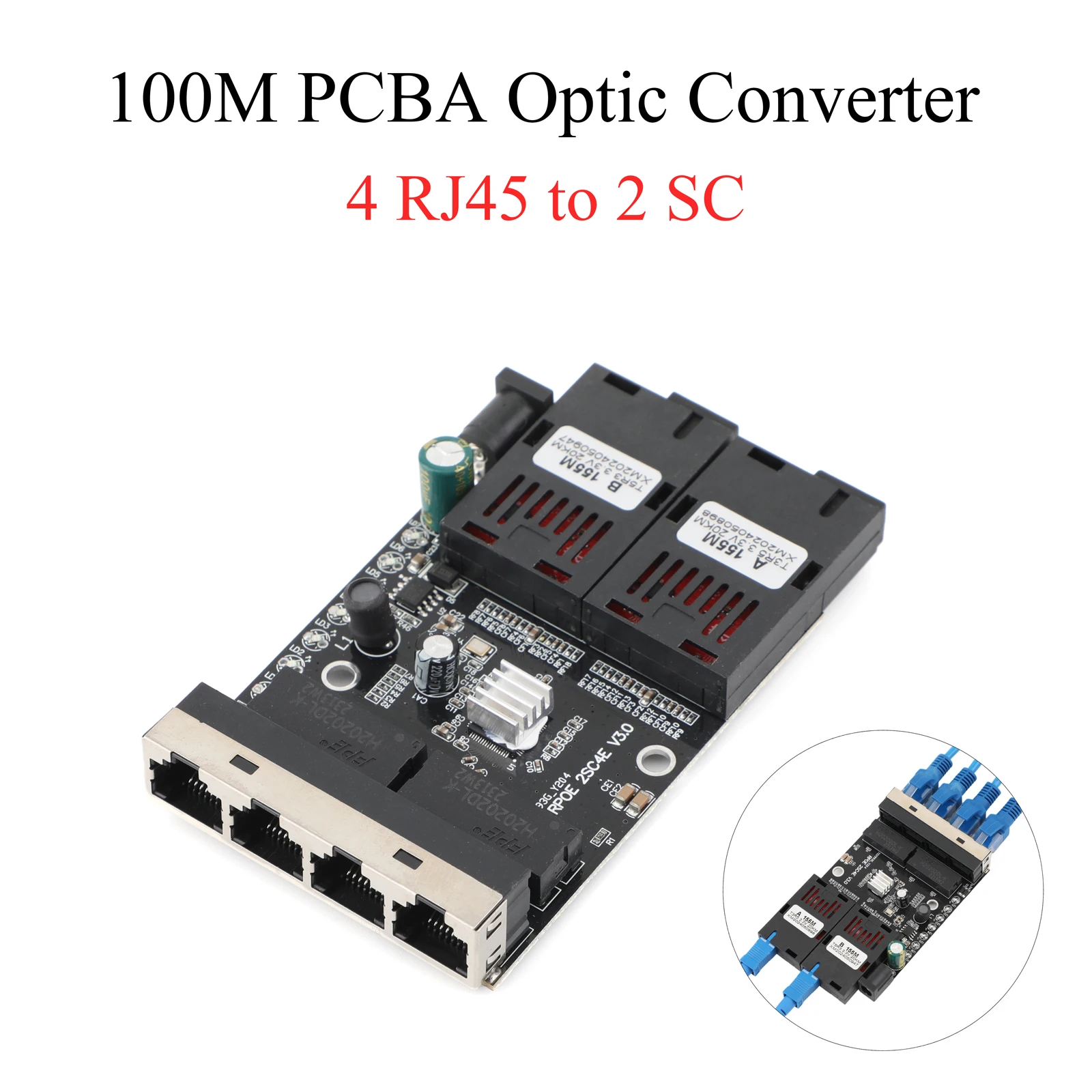 

100M Fiber Optic Media Converter 4 RJ45 to 2 SC A+B Optic Connector 1310nm/1550nm Ports PCBA Board 20KM Ethernet Switch Black