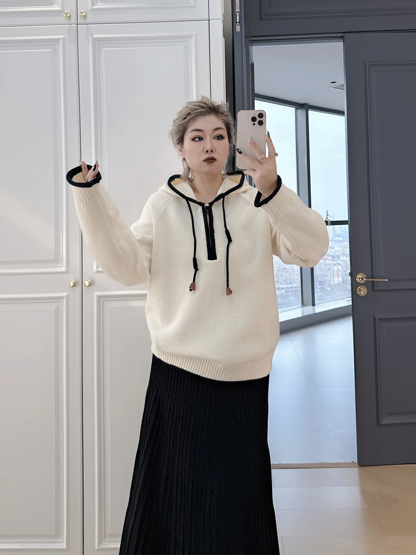 

Женская зимняя вязаная толстовка больших размеров с эффектом похудения, базовый слой, корейский стиль, с крупным узором в горошек, длинный рукав, круглый вырез