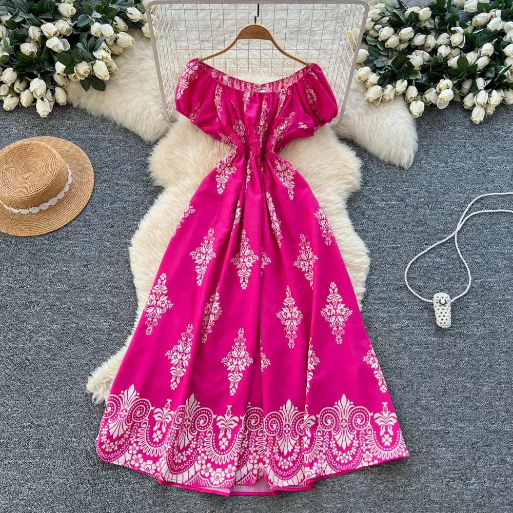 

Women Dresses Print Dress Pleated Slash Neck Short Sleeves Ankle Length Cinched Empire Waist Loose Fit Office Lady 2026 Summer