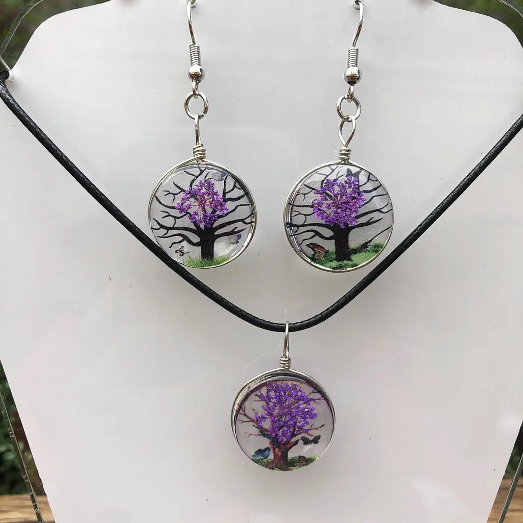 Charming Purple Lamp Glass Pearl Tree Pendant Necklace And Earrings Set Women\'s Jewelry Gift for Party