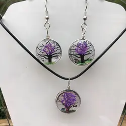 Charming Purple Lamp Glass Pearl Tree Pendant Necklace And Earrings Set Women's Jewelry Gift for Party