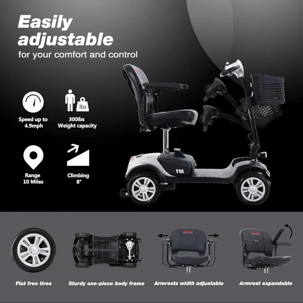 Wheelchair,4 Wheel Mobility Scooter for Seniors Compact Heavy Duty Mobile Powered Mobility Scooters Electric Powered Wheelchair