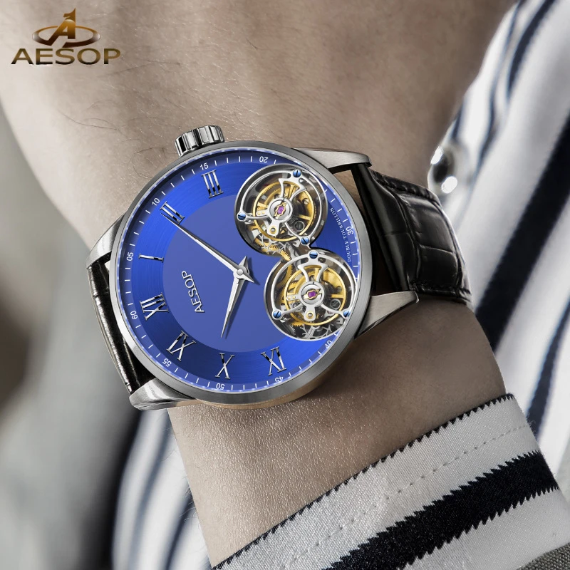 AESOP Double Tourbillon Men's Mechanical Watch Manual Stainless Steel Luminous Sapphire Men Watch Business Leather Reloj Hombre