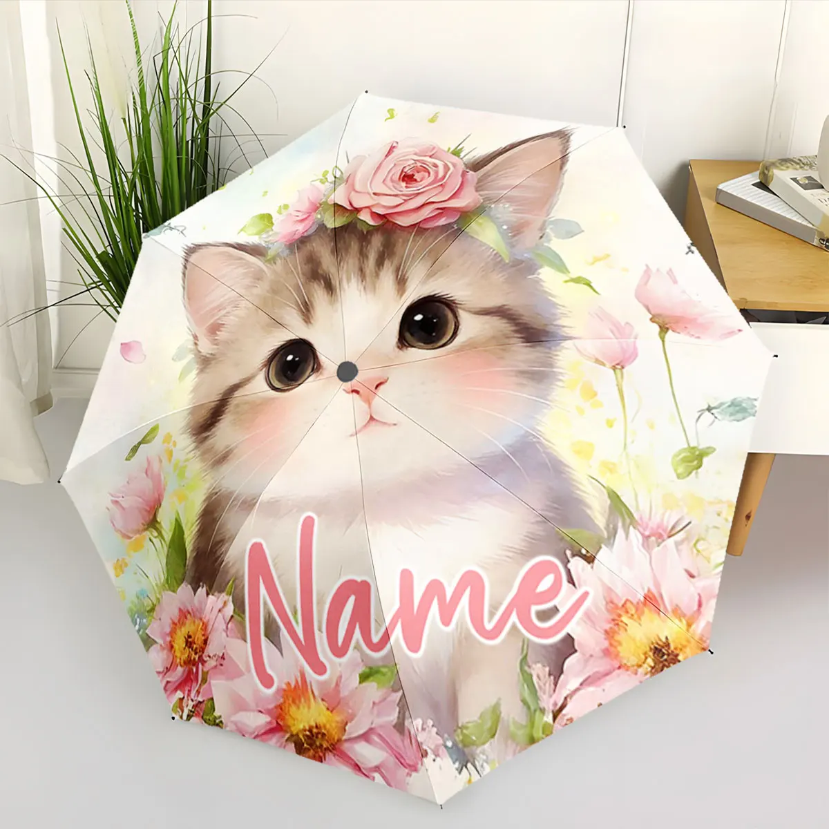 Custom Name Umbrella Floral Cat Umbrella with Customizable Text Print 8 Iron Ribs Folding Umbrella Auto-Open Fashion Sunshade