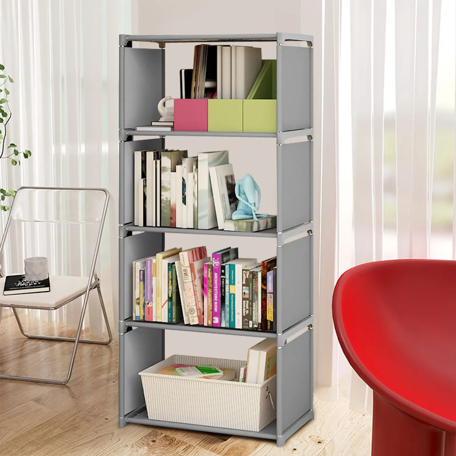 4-Tier Bookcase Grey Bookshelf Storage Rack Bedroom Book Shelf Organizer Bookcase Wall Shelf Book Rack Durable Display Stand