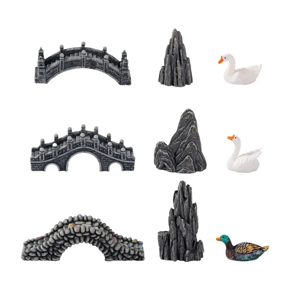 Decorative Rockery Pavilion Bridge LIfelike Simulation Goose Micro Landscape Ornaments Resin White Duck Statue Home Desk Decor