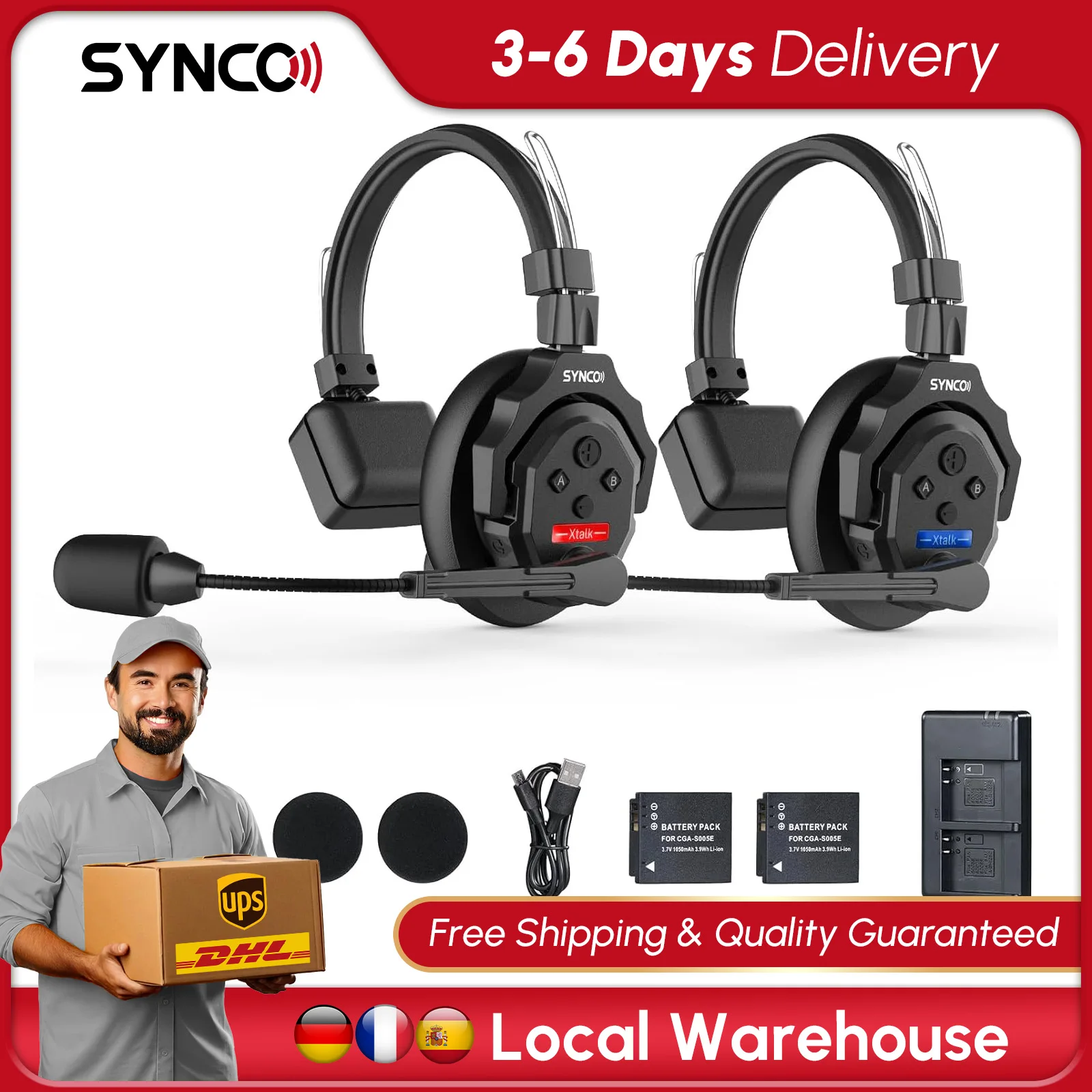 【EU LAGER】SYNCO XTALK X2 X5 2,4G Kabelloses Intercom-Headset-System für zwei Personen, 350M 1148FT stabile Übertragung, 24H lange Betriebszeit, Geräuschunterdrückung, klarer Klang für Filmaufnahmen,