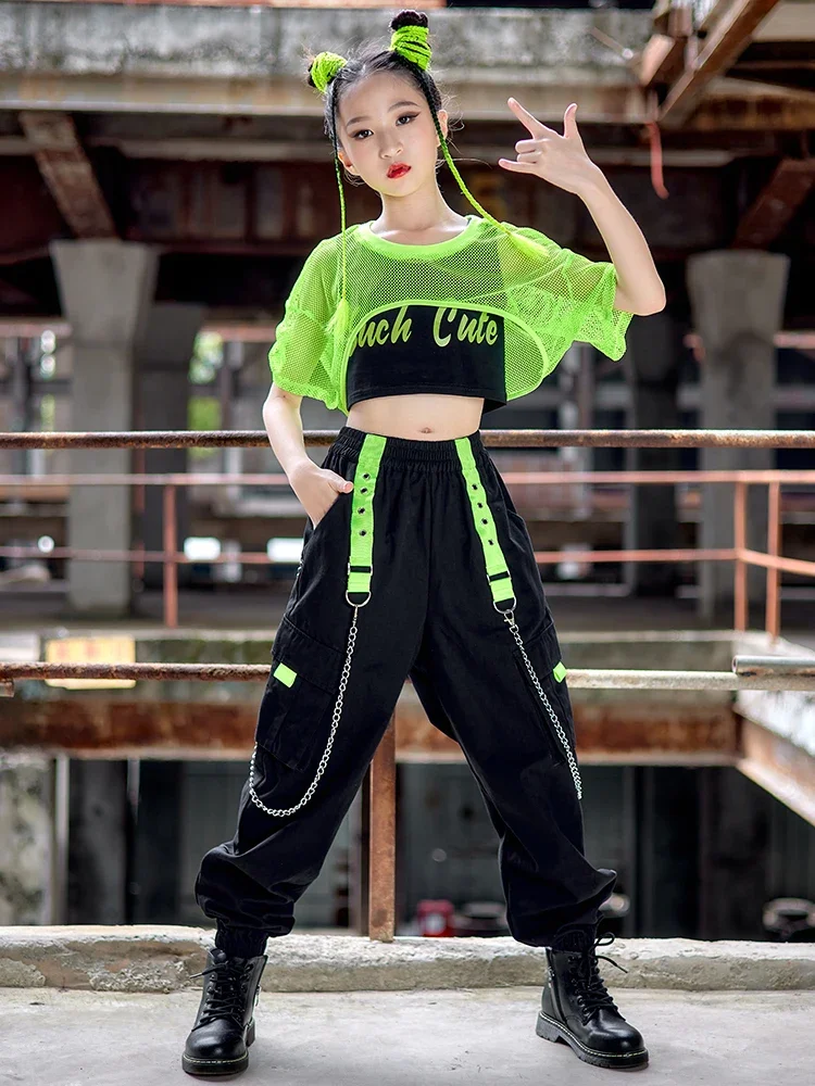 Modern Street Dance Wear Kpop Performance Stage Wear Hip Hop Girls Clothes Jazz Dance Costume Green Net Tops Black Pants