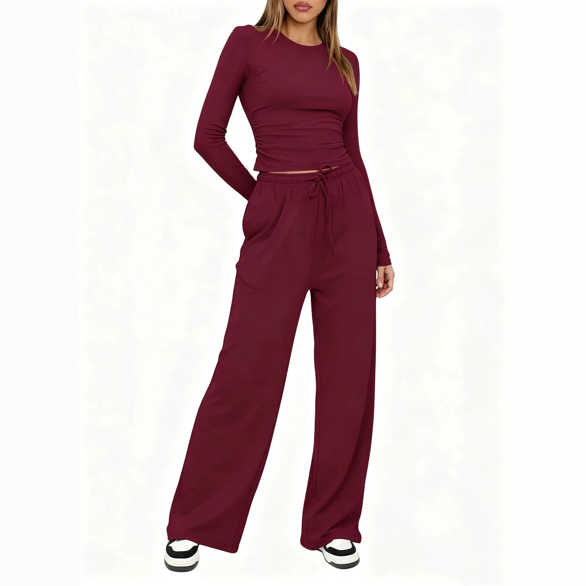 2026 Europe, America, New Solid Color, Casual Long-sleeved Suit, Top, High-waisted Wide-leg Pants, Sportswear.
