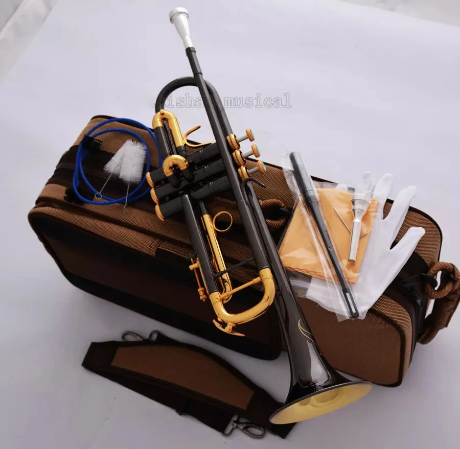 

Труба профессиональная 2026 Gold Bell, черное никелирование, монель, с бирюзовыми клавишами, 2 мундштука, 30