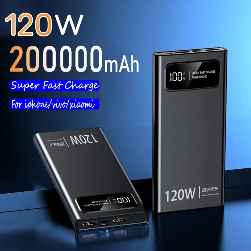 Banque d'alimentation à affichage numérique haute capacité, batterie 200000mAh, 120W, charge super rapide pour iPhone, Samsung, Xiaomi, Huawei