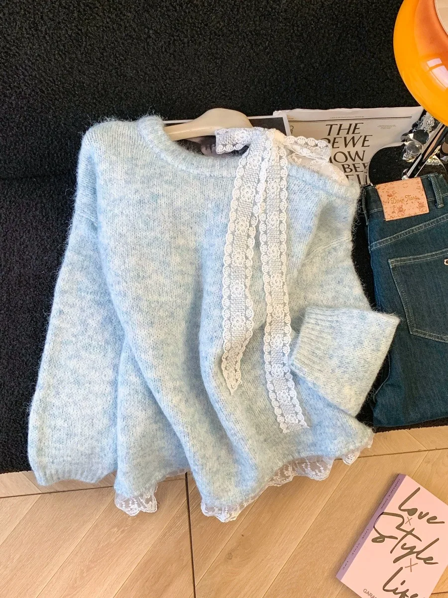 Retro laço vermelho nó oulder bared camisola feminina outono inverno doce preguiçoso sle solto macio malha irt