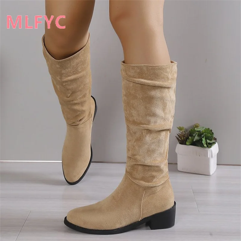 Female Knight Boots Women Vintage Suede Thick Heel Round Head High Barrel Boots khaki Pleated Stacked European American Boots