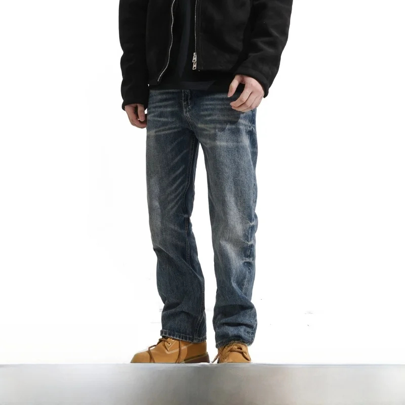 

Retro American Heavyweight Men's Jeans Straight Leg Washed out Red Denim Spring Summer Vintage Style Comfortable Breathable C...