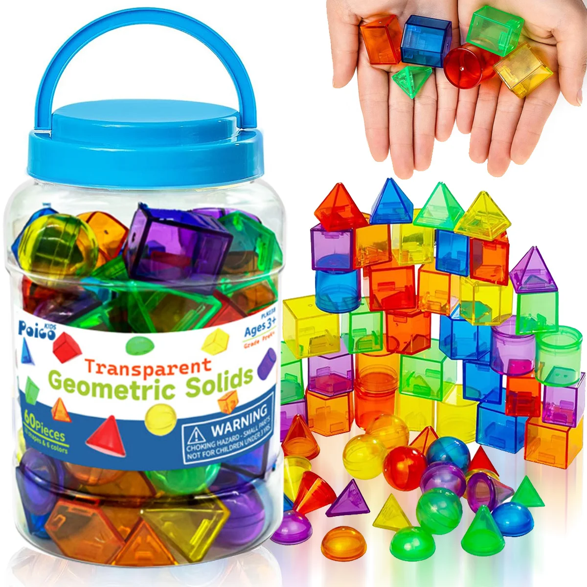 60 PCS 3D Shapes for Teaching, Geometric Solids for Kids, Translucent Toy for Light Table, Math Manipulatives for Classroom