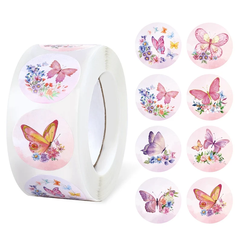 500pcs/roll Butterfly Stickers Labels Stamps Round Butterfly Multicolor Envelopes Cute Closure Wedding Party Decoration Sticker