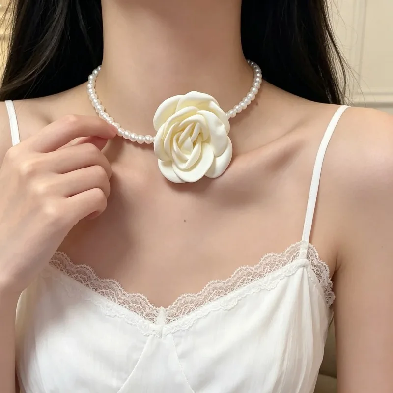 Silky Satin Camellia Pearl Choker Necklace Retro Vacation Charming Personality Lightweight Comfortable Versatile for Women Daily