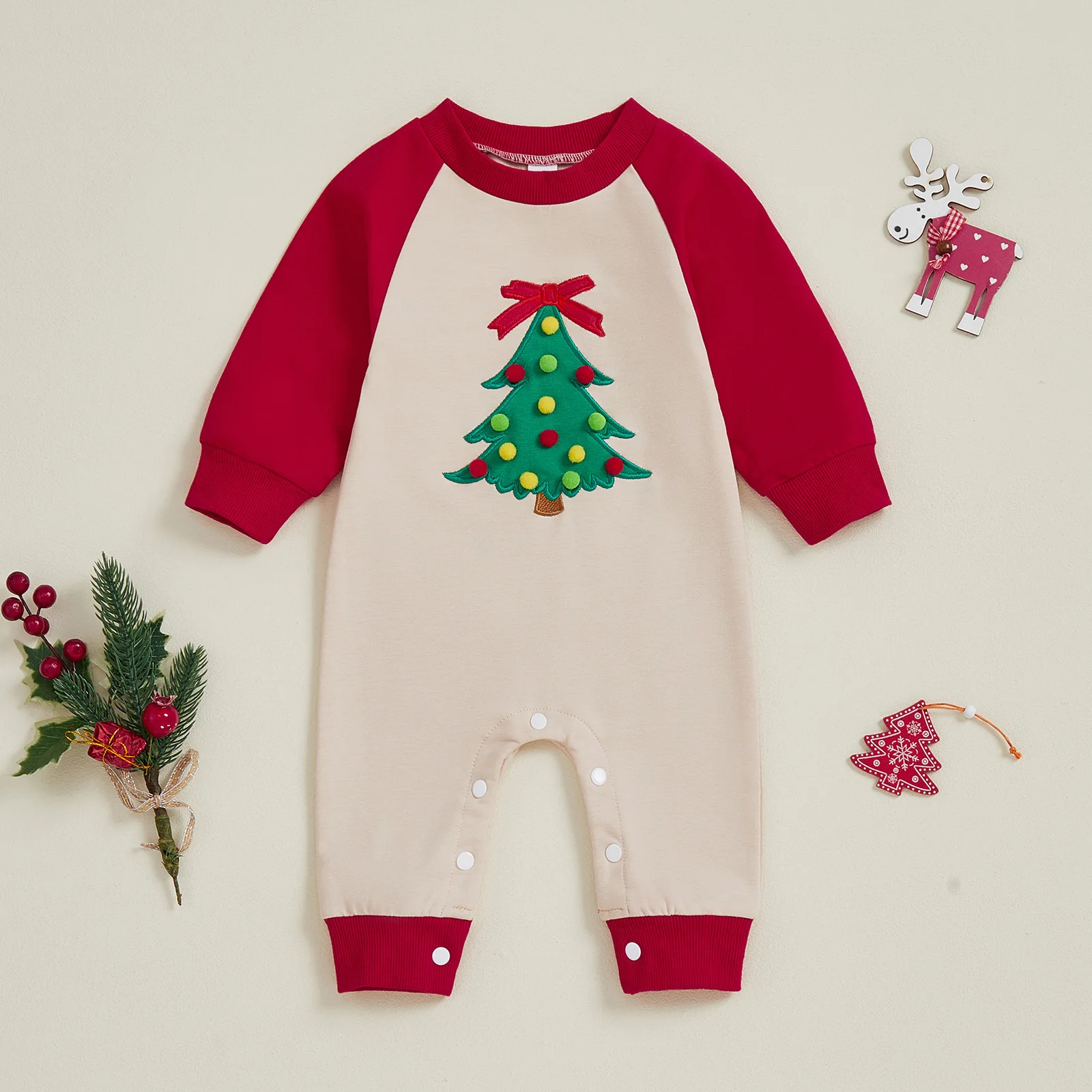 

Romper New Spring and Autumn Girls' Christmas Tree Embroidered jumpsuit with color blocked long sleeved climbing clothes