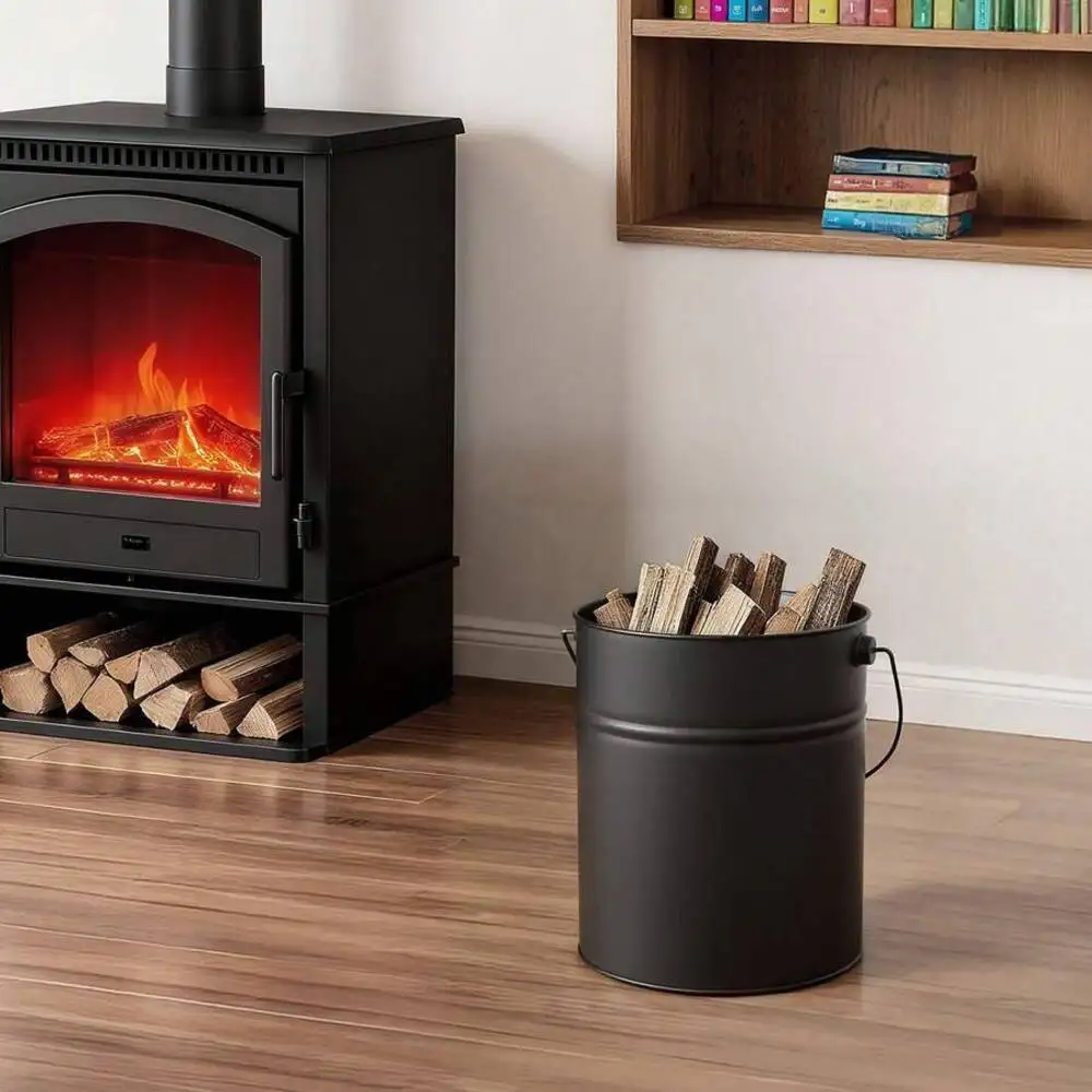 4 Gallon Metal Fireplace Ash Bucket Kit With Lid, Shovel, Broom & Gloves, Heavy Duty Charcoal Firewood Storage Can for Indoor Fireplace, Wood Stove