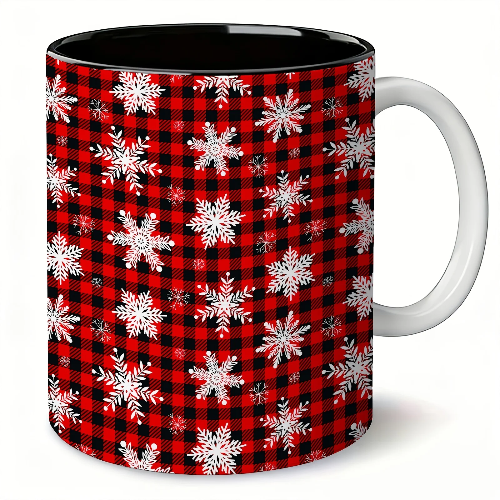 1pc Buffalo Check and Snowflake Ceramic Coffee Mug with Double-sided Pattern Design, Reusable, Easy to Hand Wash, 11oz Stylish Cup for Home Decor, Office Water Cup, Ideal Gift for Friends