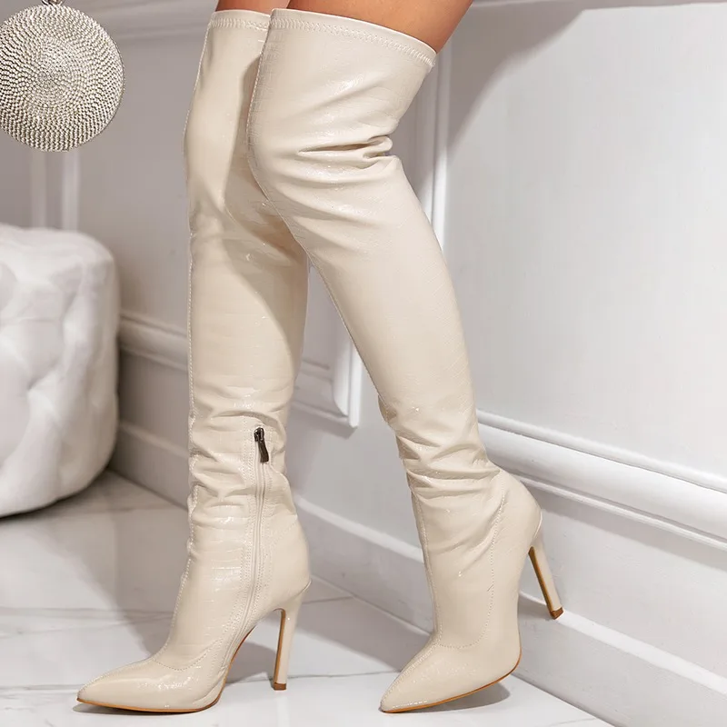Aneikeh Stretch Slim Fit Thigh High Boots Patent Leather Women Over The Knee Boots Pointed Toe Stiletto High Heel Side Zipper