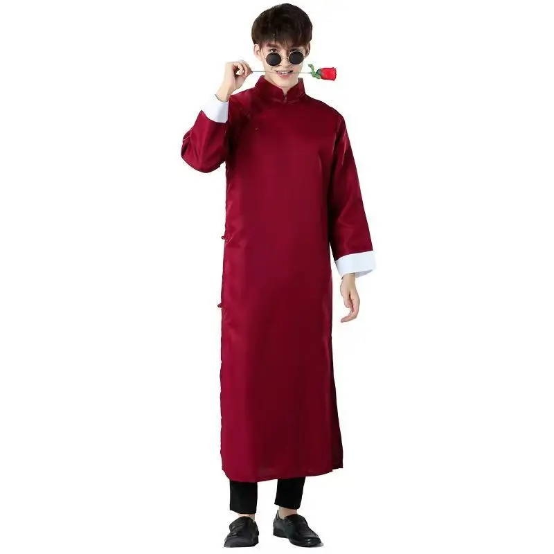 Red Cheongsam for Men Chinese Style Brothers Clothing Buttons Embroidered Slit Chinese Style Wedding Best Man Dress Tang Suit